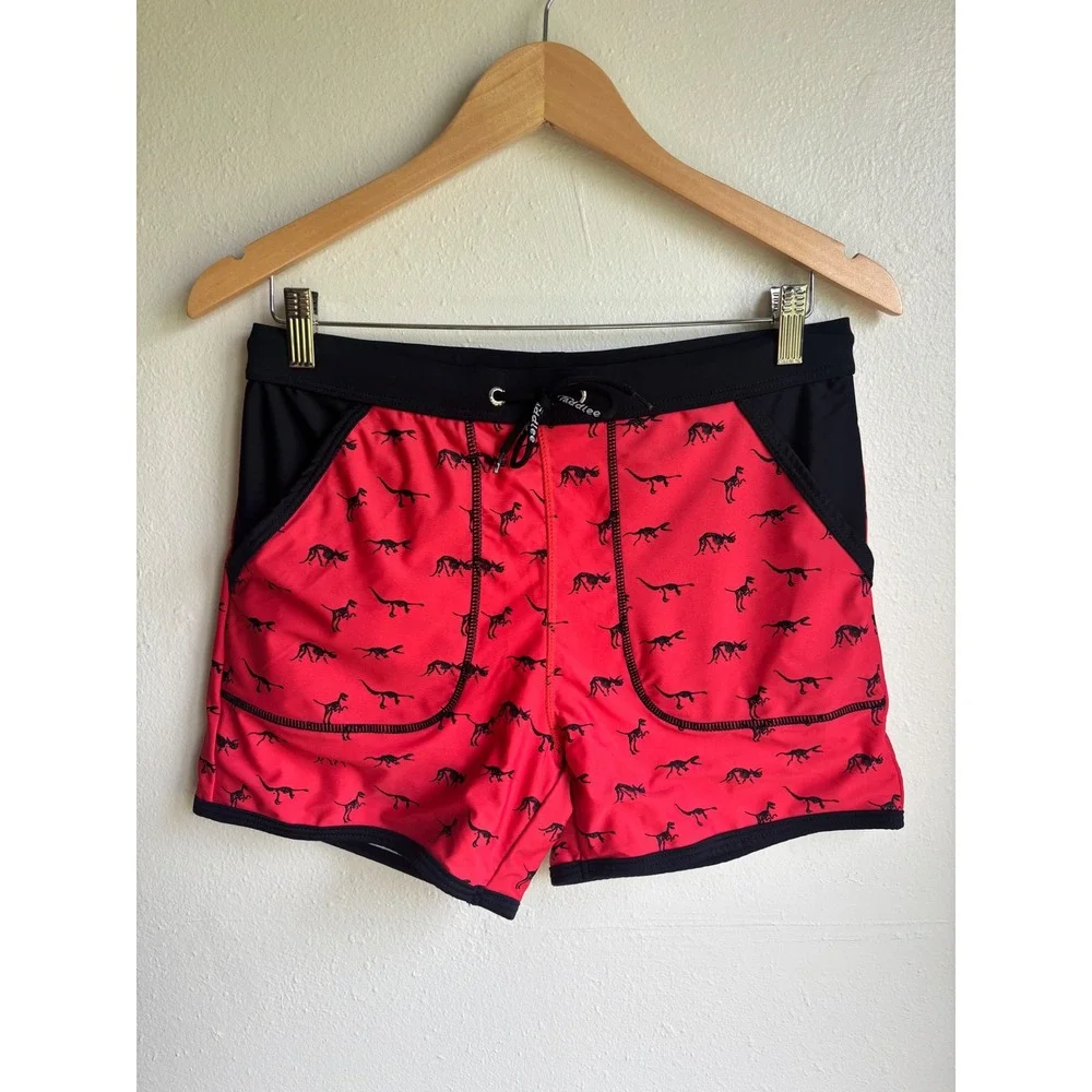 Taddlelee‎ Mens Red Dinosaur Skeleton Print Swim Trunks Board Shorts Large L
